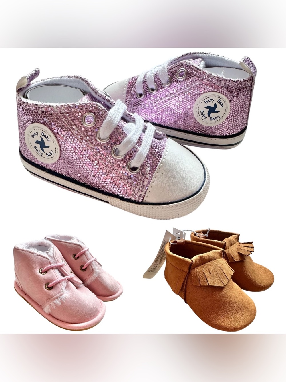 NEW Lot of 3 baby crib/walker shoes boots, sneakers and moccasins size 2